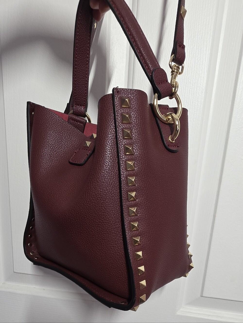 Studded Burgundy Leather Bucket Bag - Picture 6 of 16